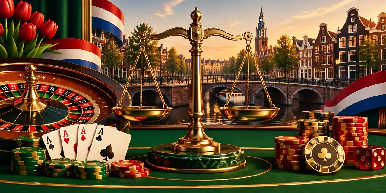 Nederlandse wetgeving rond casino zonder Cruks verbeeld met documenten en een messing weegschaal